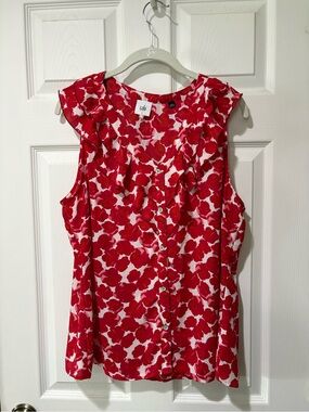 CAbi Red and White Floral Ruffle Button-Front Sleeveless Blouse
